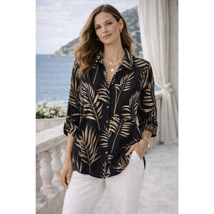 Joie Womens Linen Button Up Top Small Leaf Pockets Coastal Resortwear Lagenlook